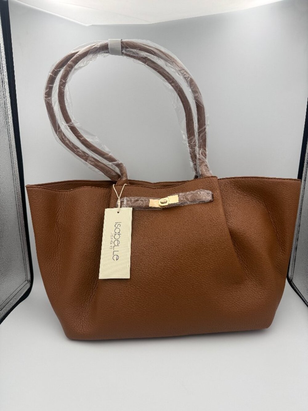 Isabelle Los Angeles Brown Vegan Leather Turn-Lock Tote Bag NWT